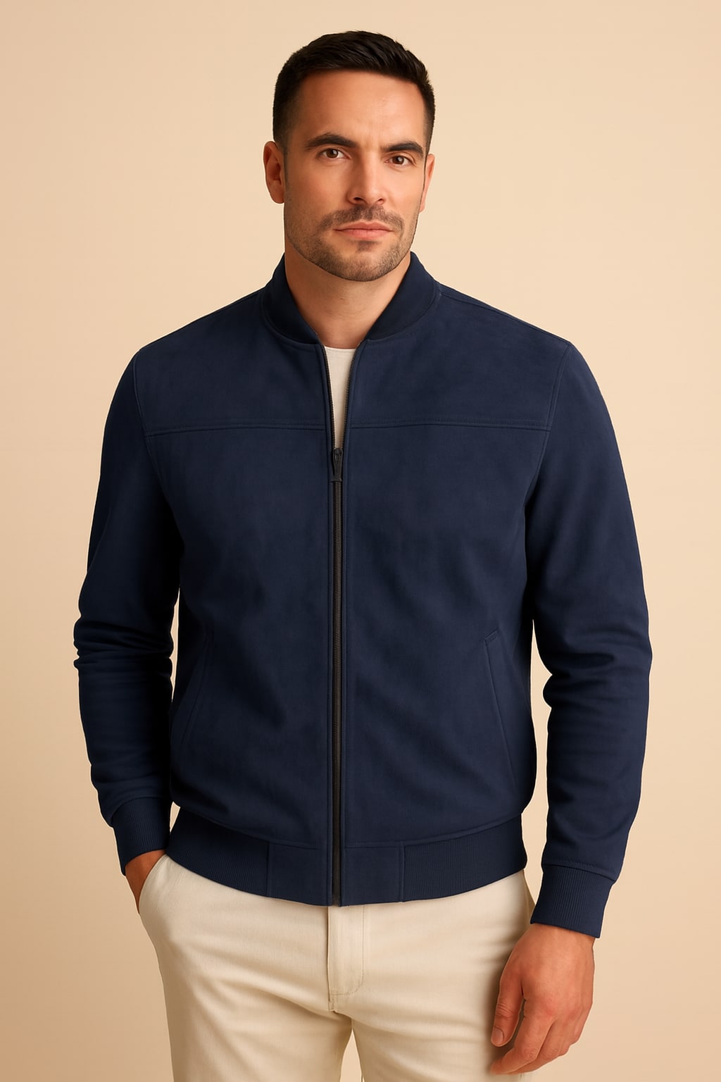 Men's Faux Suede Jacket in dark blue, casual zip-up, front view on a model
