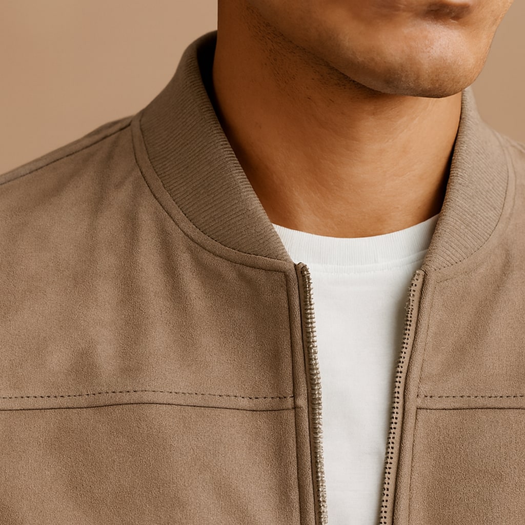 Close-up of the men's faux suede jacket showing the suede texture and ribbed collar