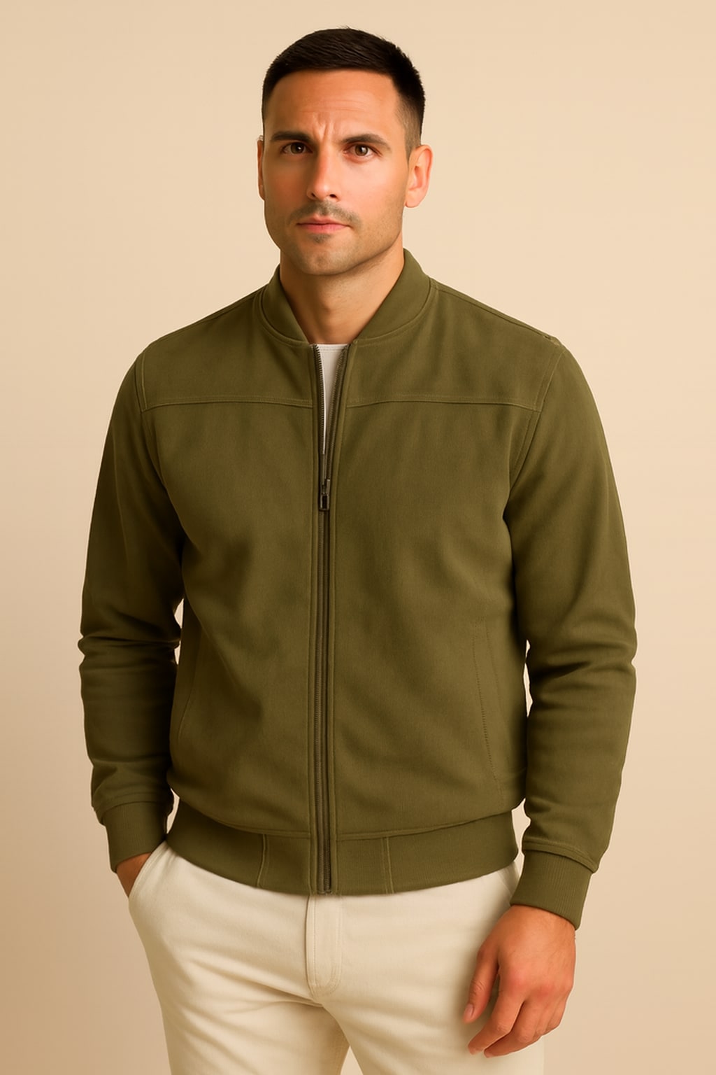 Men's Faux Suede Jacket in green, casual zip-up, front view on a model