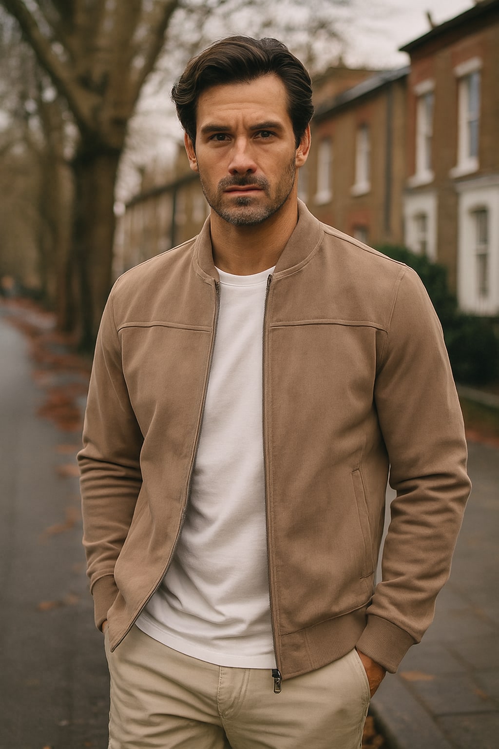 Man wearing the men's faux suede jacket on an autumn street