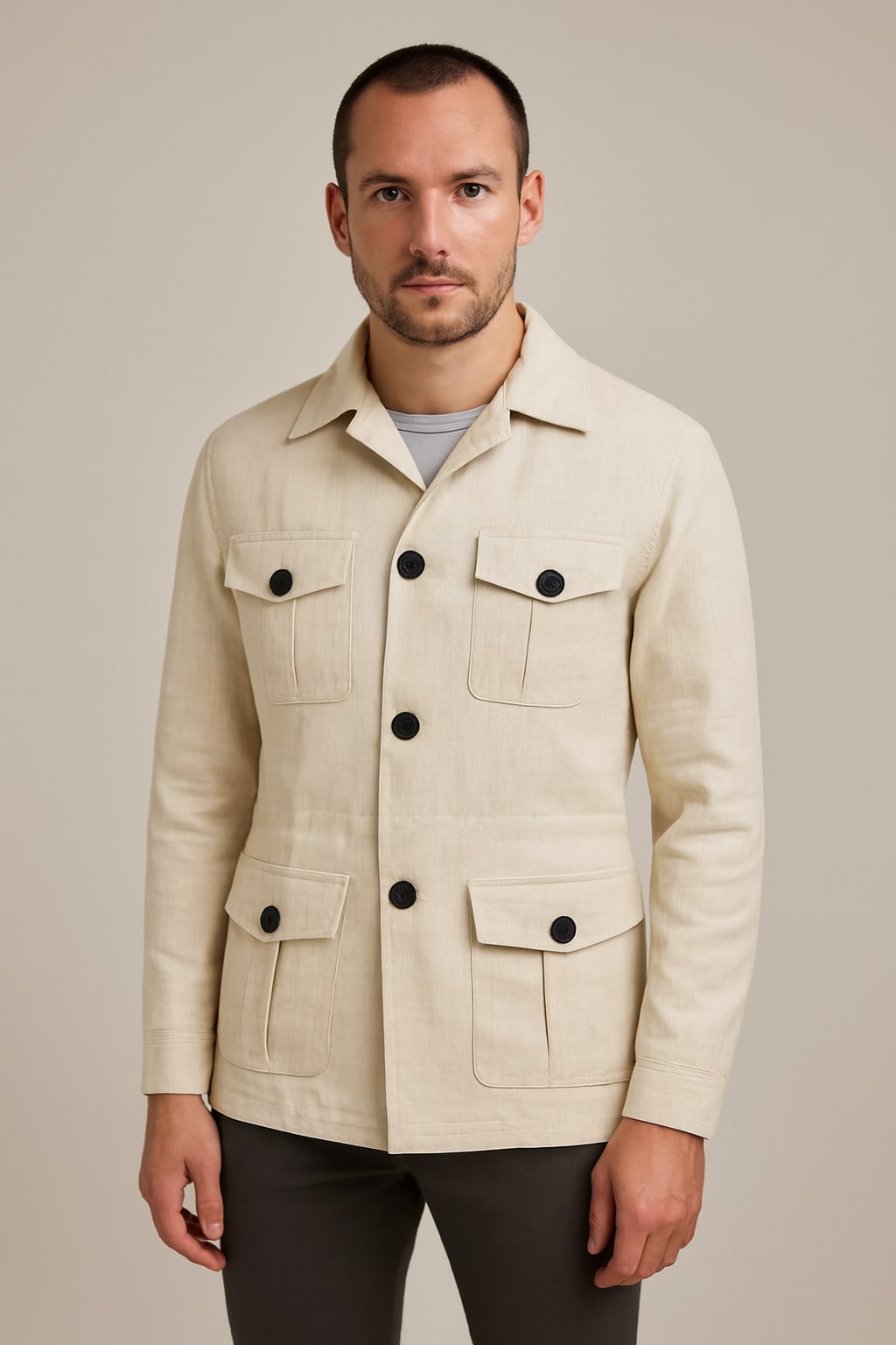 Men's Field Coat in beige, structured linen-blend jacket, front view on a model