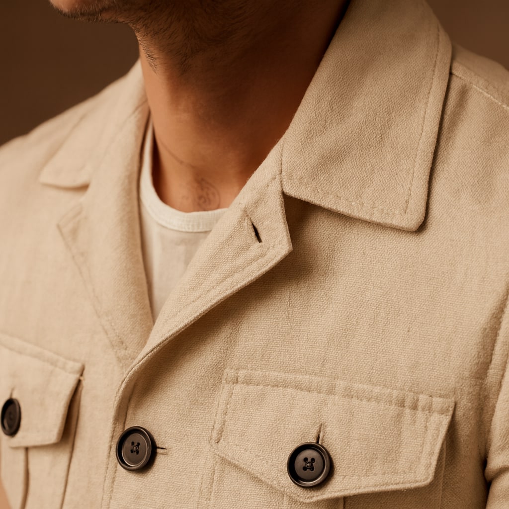 Close-up of the men's field coat showing the flap pockets and buttons