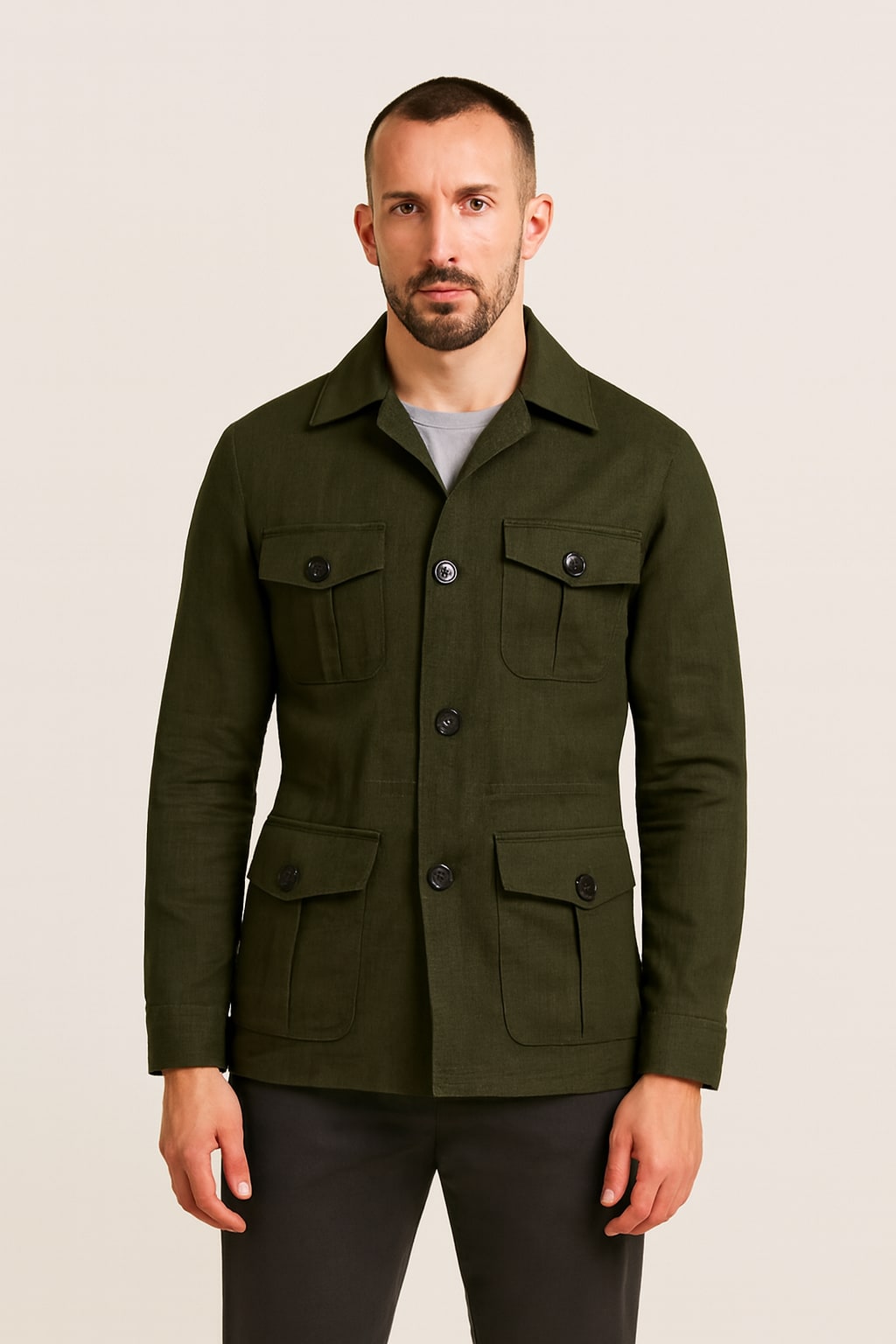 Men's Field Coat in green, structured linen-blend jacket, front view on a model