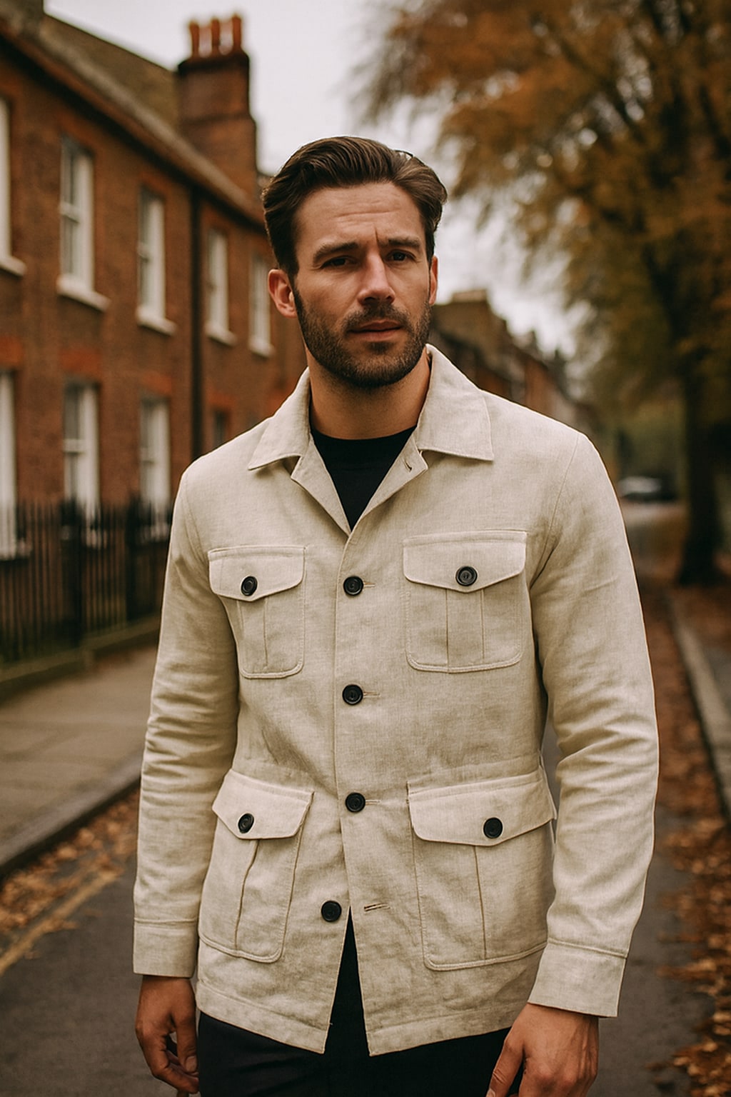 Man wearing the men's field coat on an autumn street