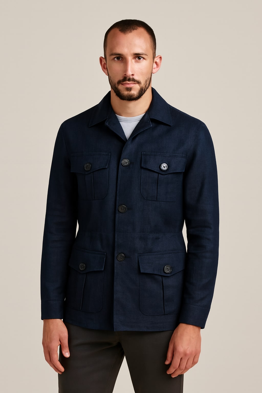 Men's Field Coat in navy, structured linen-blend jacket, front view on a model