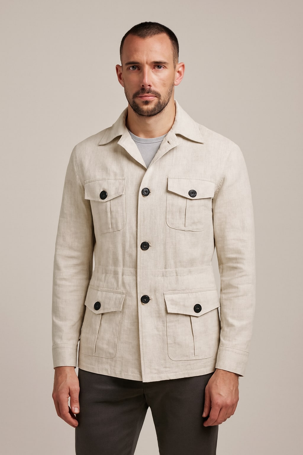 Men's Field Coat in white, structured linen-blend jacket, front view on a model