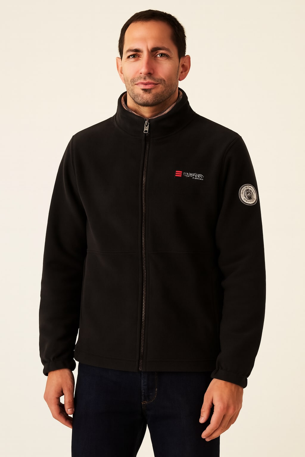 Men's Fleece Jacket in black, full zip soft fleece, front view on a model