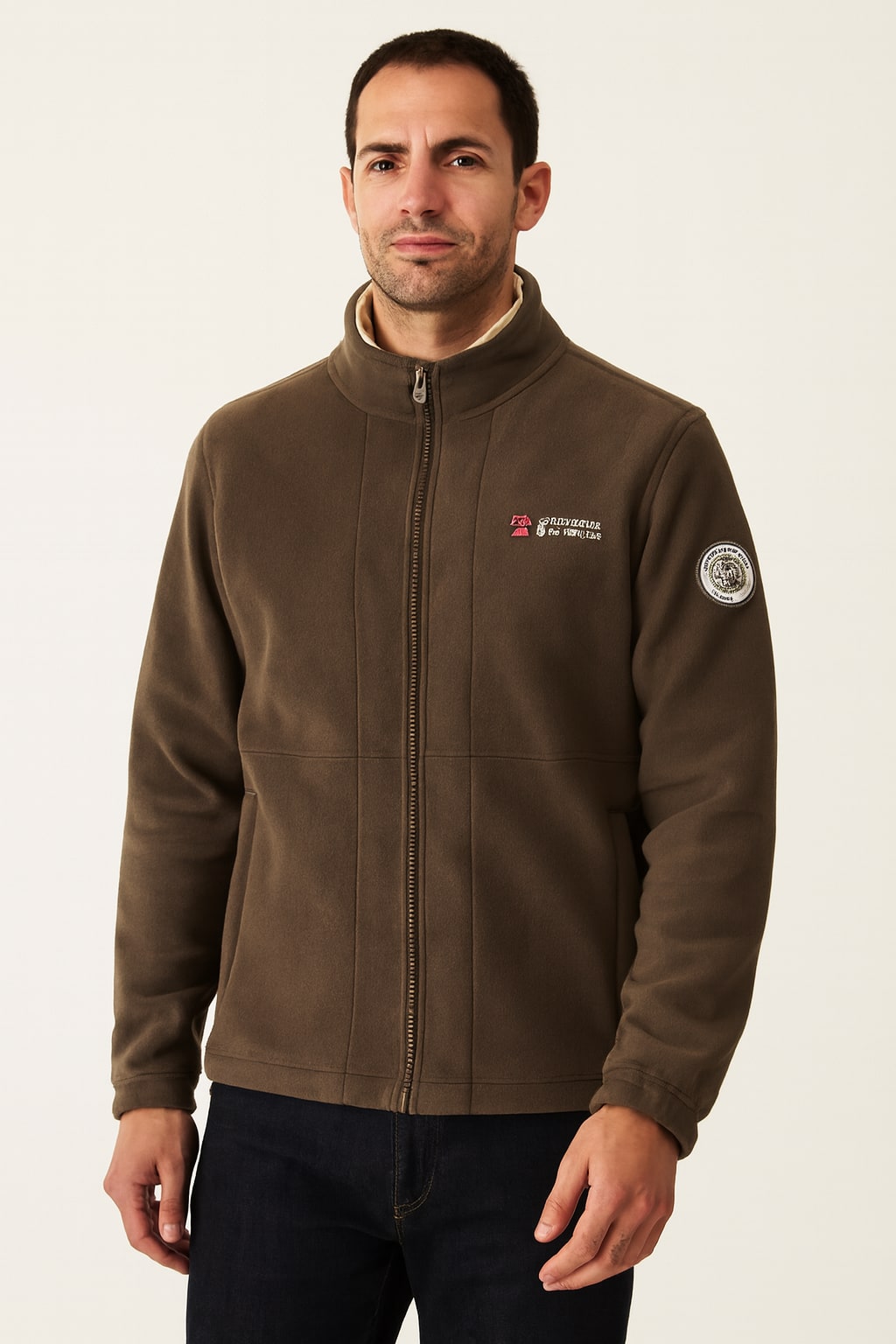 Men's Fleece Jacket in brown, full zip soft fleece, front view on a model