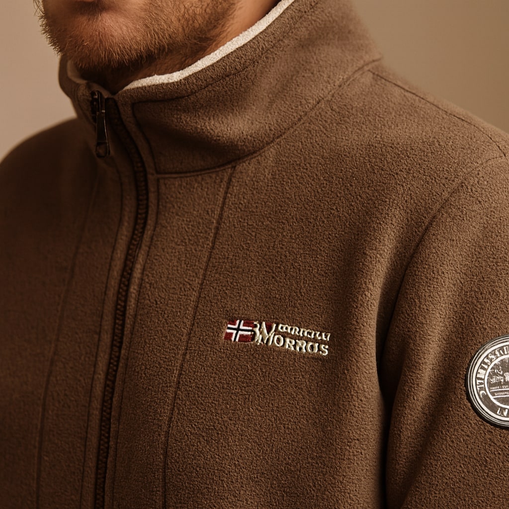 Close-up of the men's fleece jacket showing the fleece texture and collar