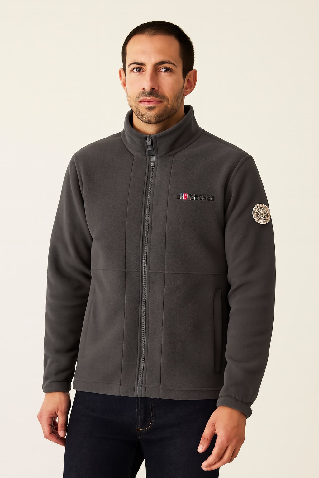 Men's Fleece Jacket in grey, full zip soft fleece, front view on a model