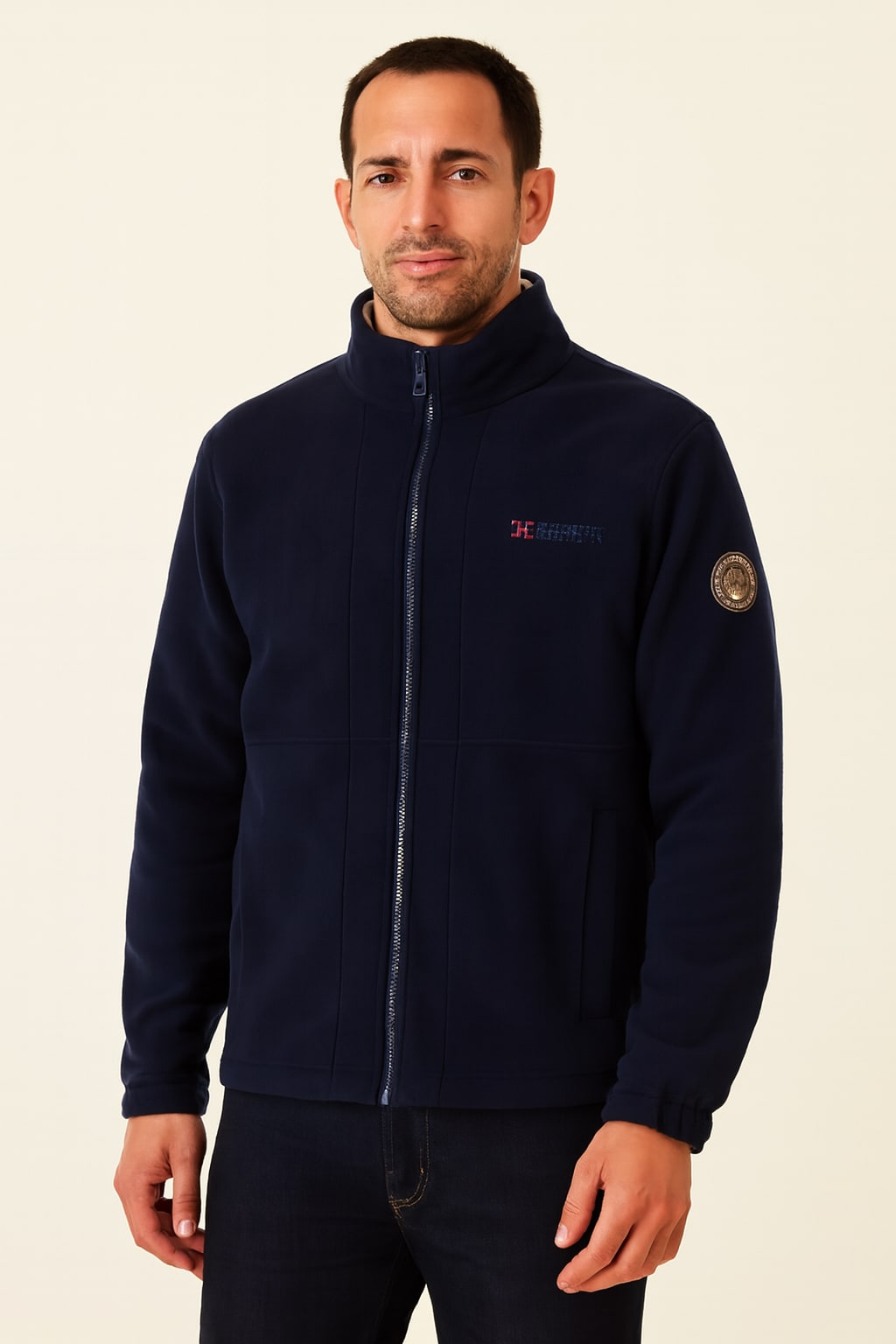 Men's Fleece Jacket in navy, full zip soft fleece, front view on a model