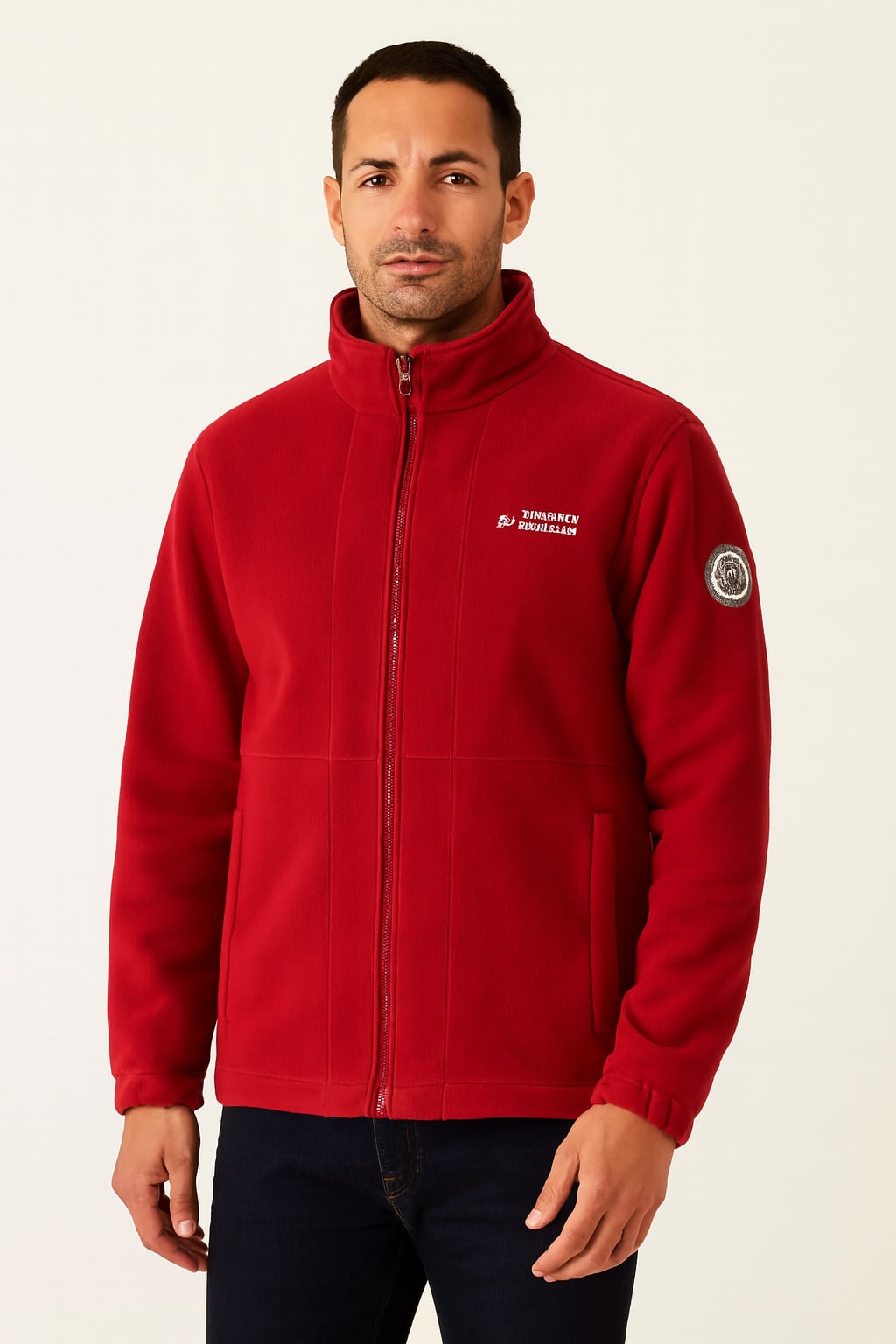 Men's Fleece Jacket in red, full zip soft fleece, front view on a model