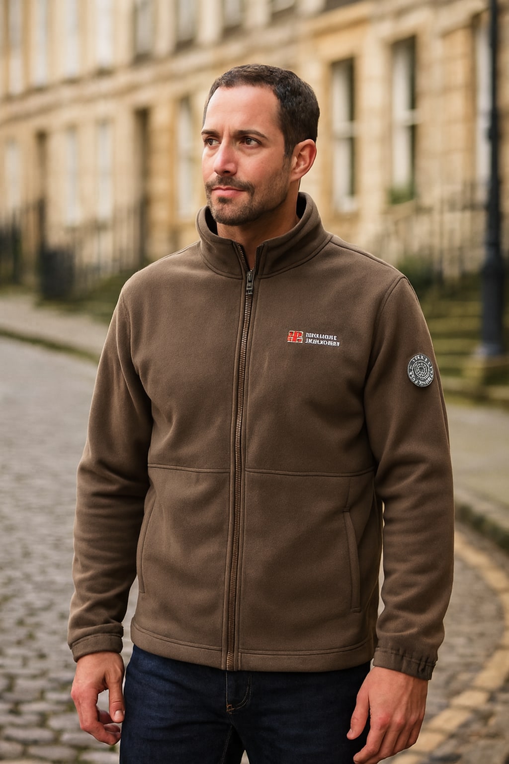 Man wearing the men's fleece jacket on an autumn street