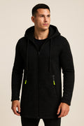 Men's Fleece-Lined Hooded Jacket in black, longline zip-up, front view on a model