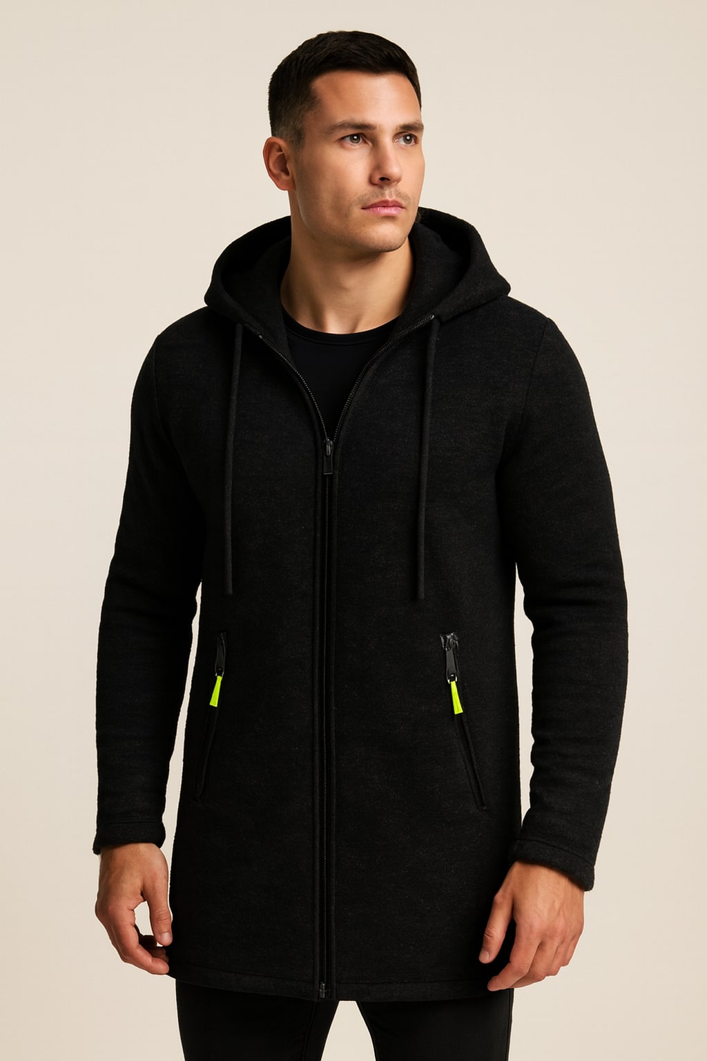 Men's Fleece-Lined Hooded Jacket in black, longline zip-up, front view on a model