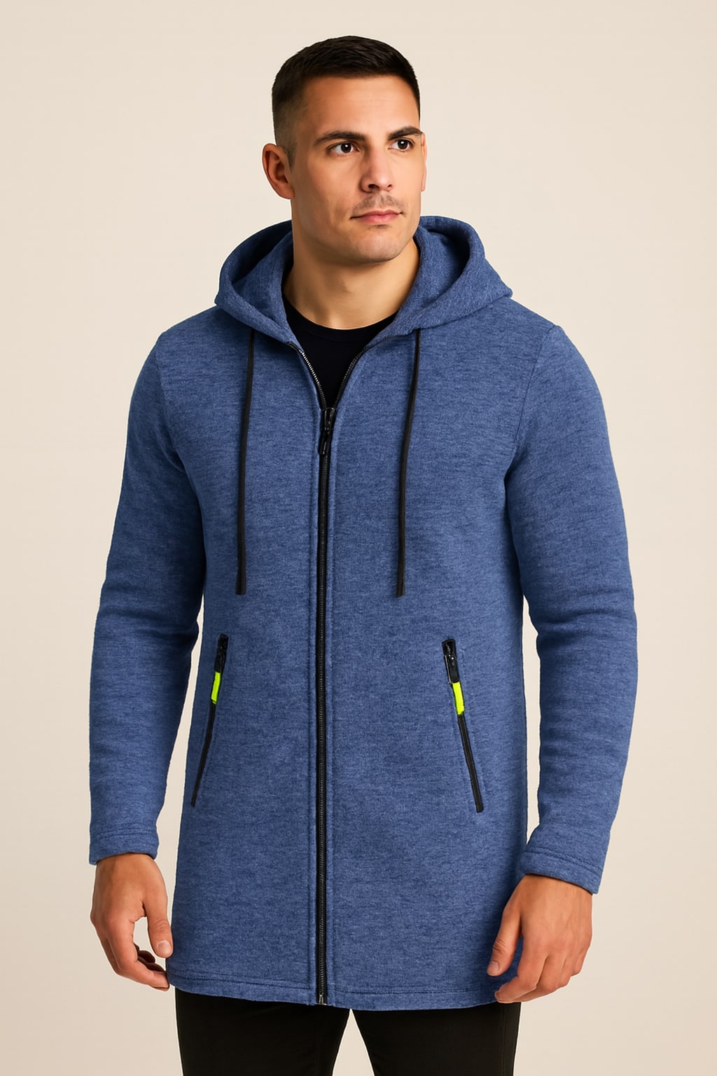 Men's Fleece-Lined Hooded Jacket in blue, longline zip-up, front view on a model
