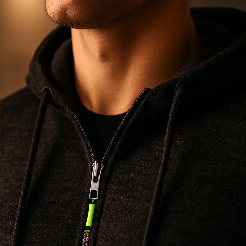 Close-up of the men's fleece-lined hooded jacket showing the hood and zip pull