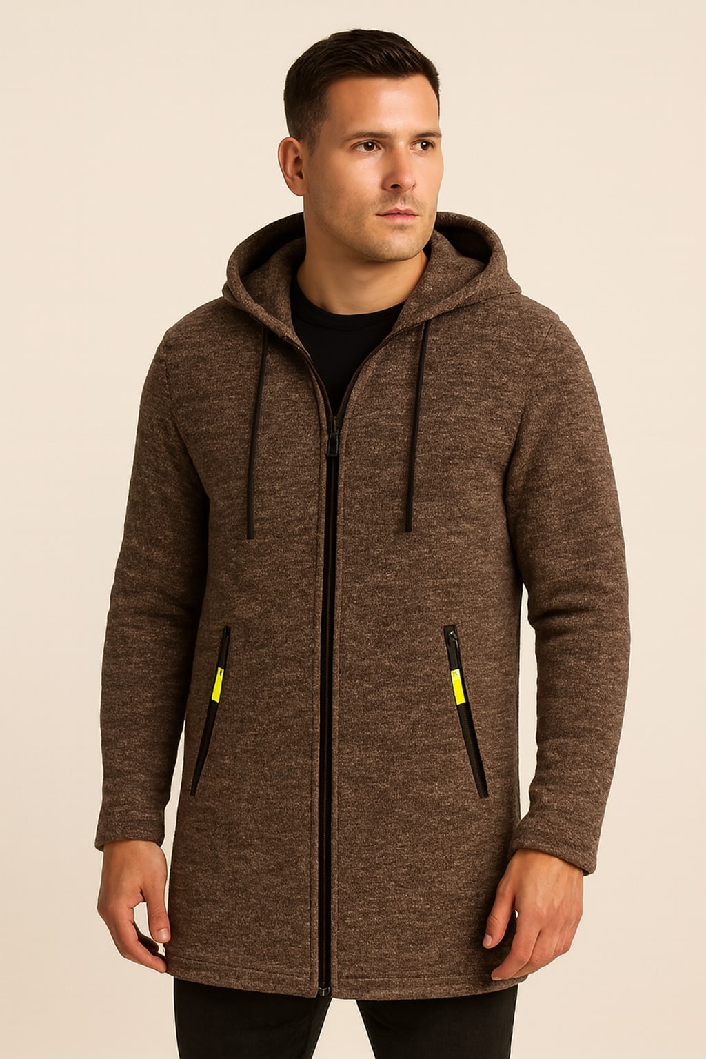 Men's Fleece-Lined Hooded Jacket in coffee, longline zip-up, front view on a model