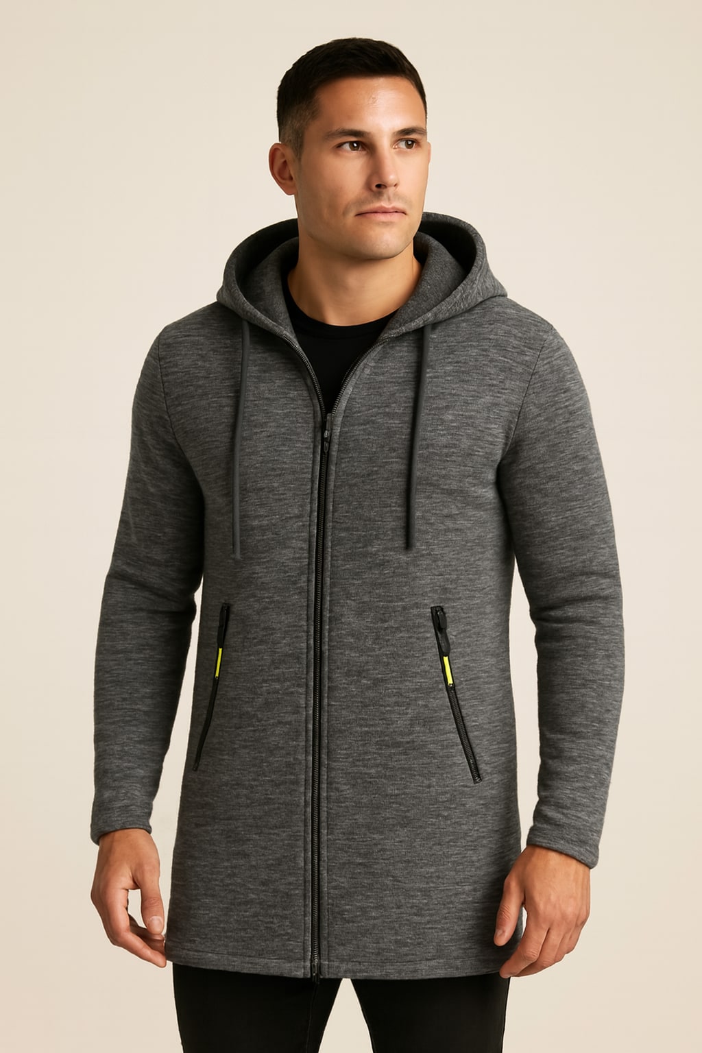 Men's Fleece-Lined Hooded Jacket in dark grey, longline zip-up, front view on a model
