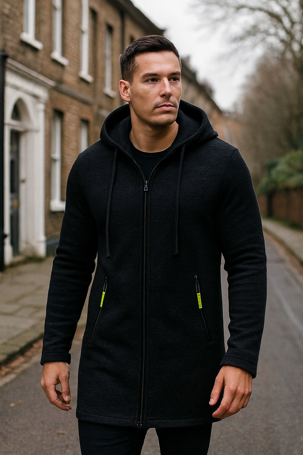 Man wearing the men's fleece-lined hooded jacket on an autumn street