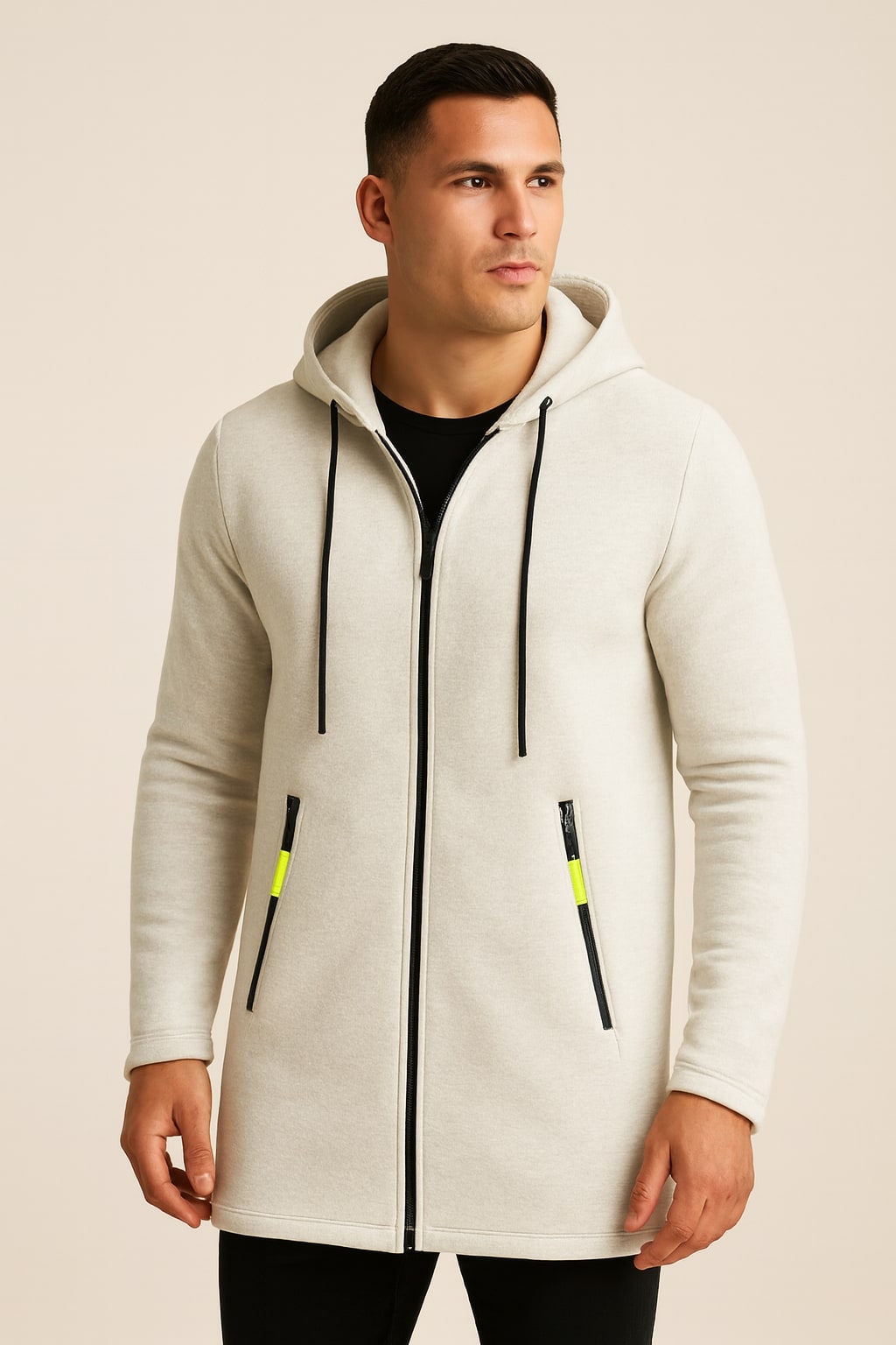 Men's Fleece-Lined Hooded Jacket in white, longline zip-up, front view on a model