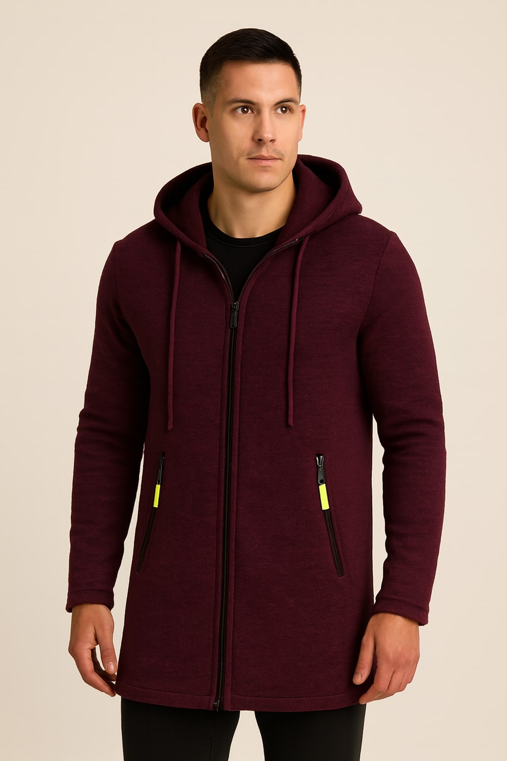 Men's Fleece-Lined Hooded Jacket in wine red, longline zip-up, front view on a model