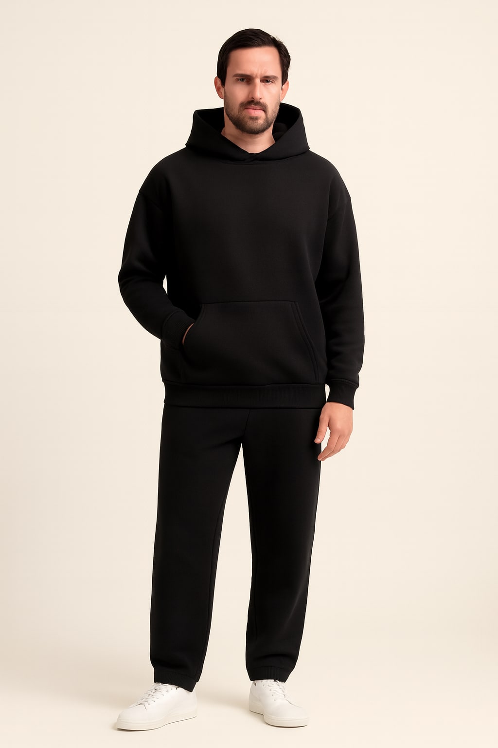 Men's Fleece Tracksuit in black, oversized hoodie and joggers, front view on a model