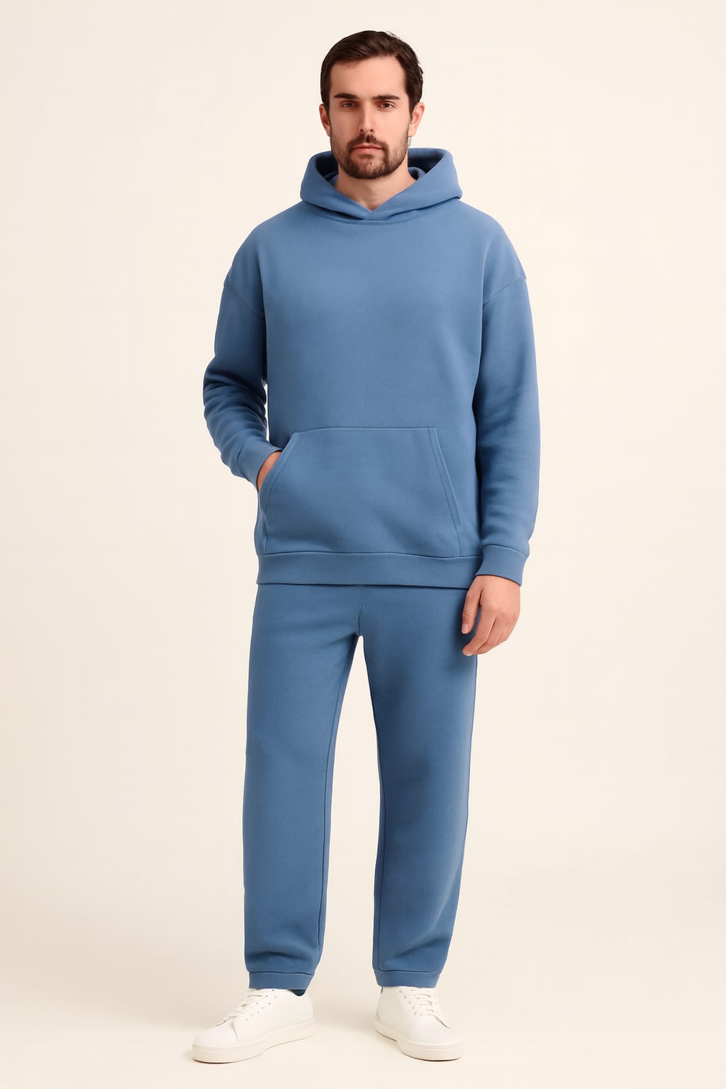 Men's Fleece Tracksuit in blue, oversized hoodie and joggers, front view on a model