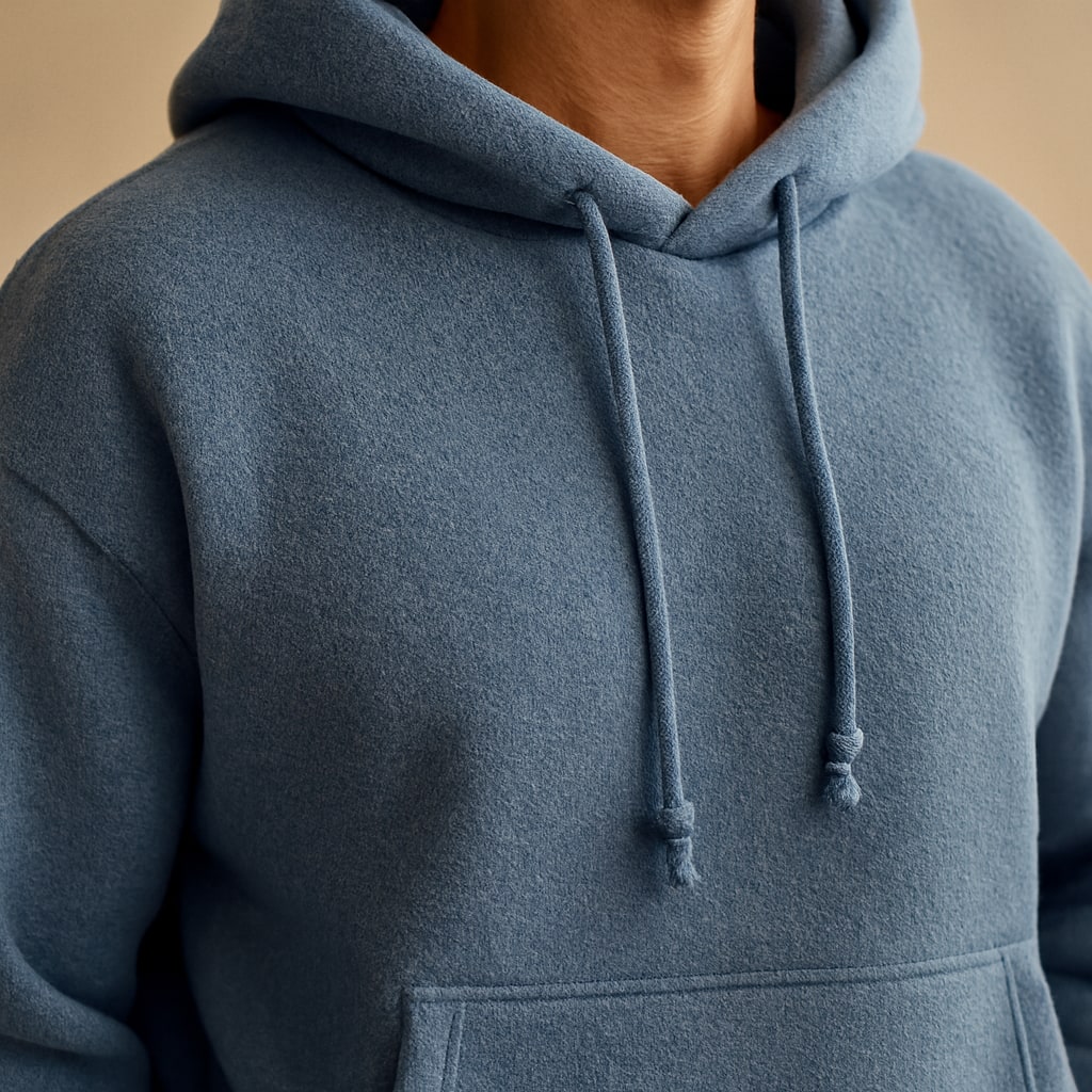 Close-up of the men's fleece tracksuit showing the fleece texture and drawstring hood