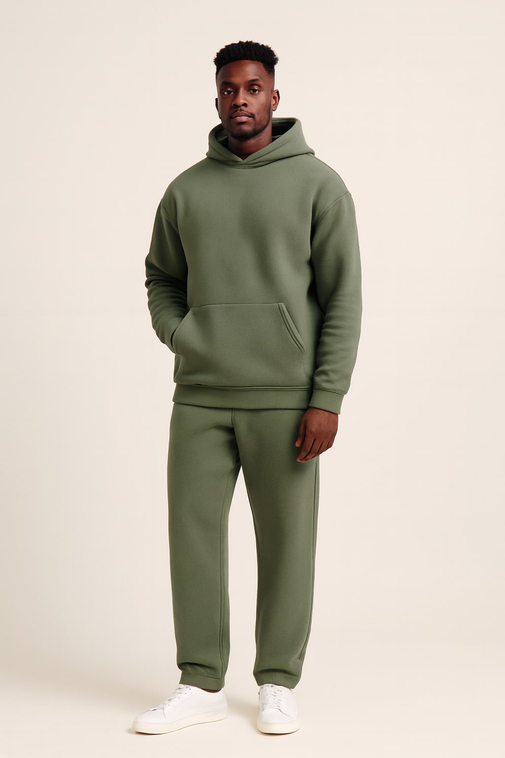 Men's Fleece Tracksuit in green, oversized hoodie and joggers, front view on a model