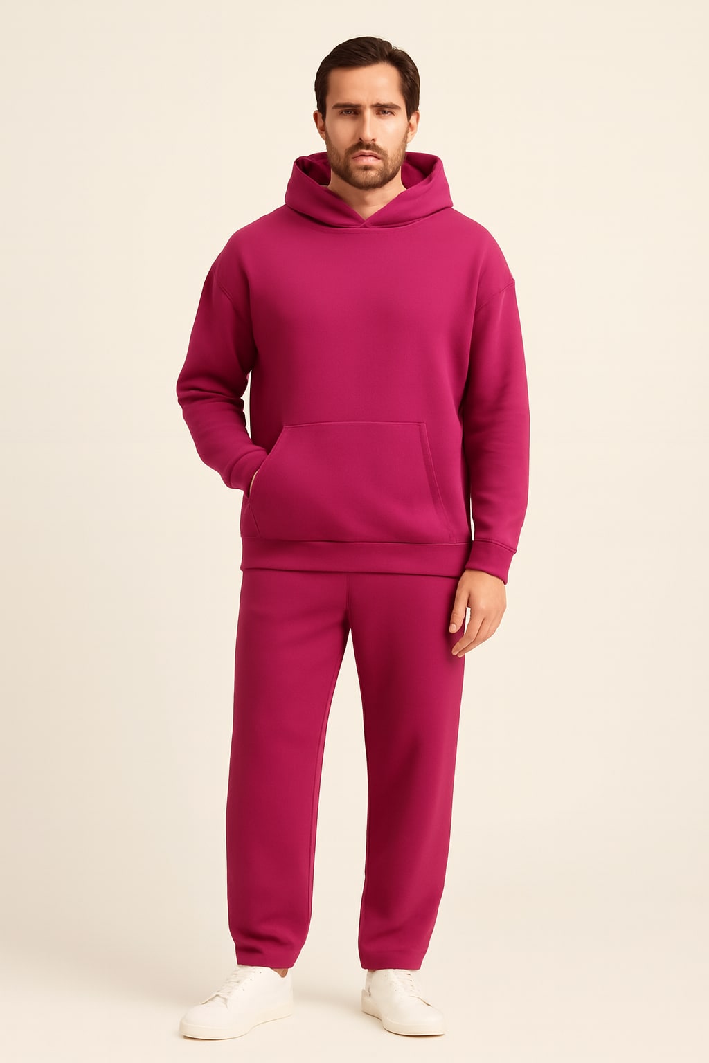 Men's Fleece Tracksuit in pink, oversized hoodie and joggers, front view on a model