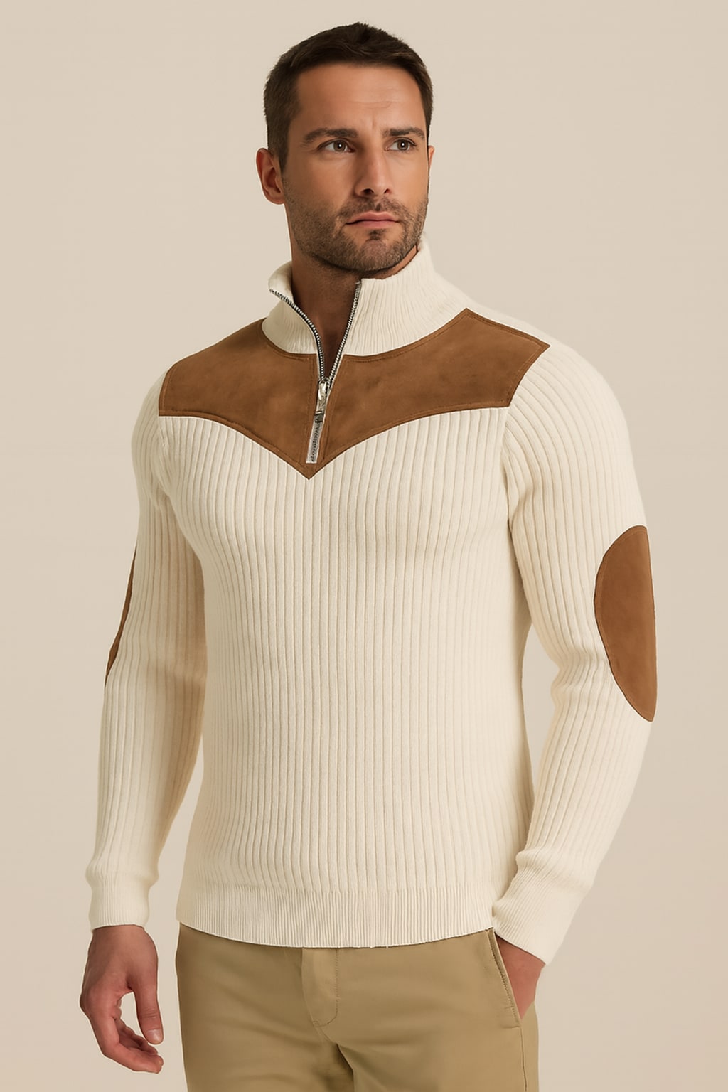 Men's Half Zip Jumper in apricot, retro ribbed patchwork knit, front view on a model