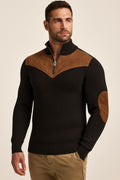 Men's Half Zip Jumper in black, retro ribbed patchwork knit, front view on a model