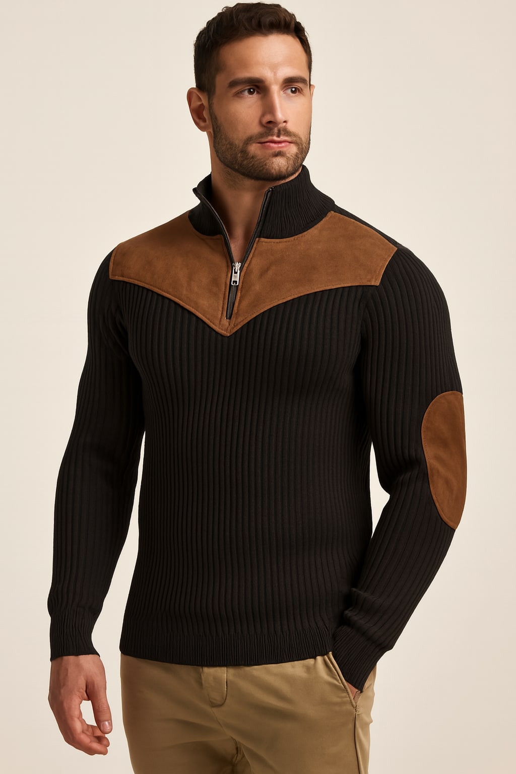 Men's Half Zip Jumper in black, retro ribbed patchwork knit, front view on a model