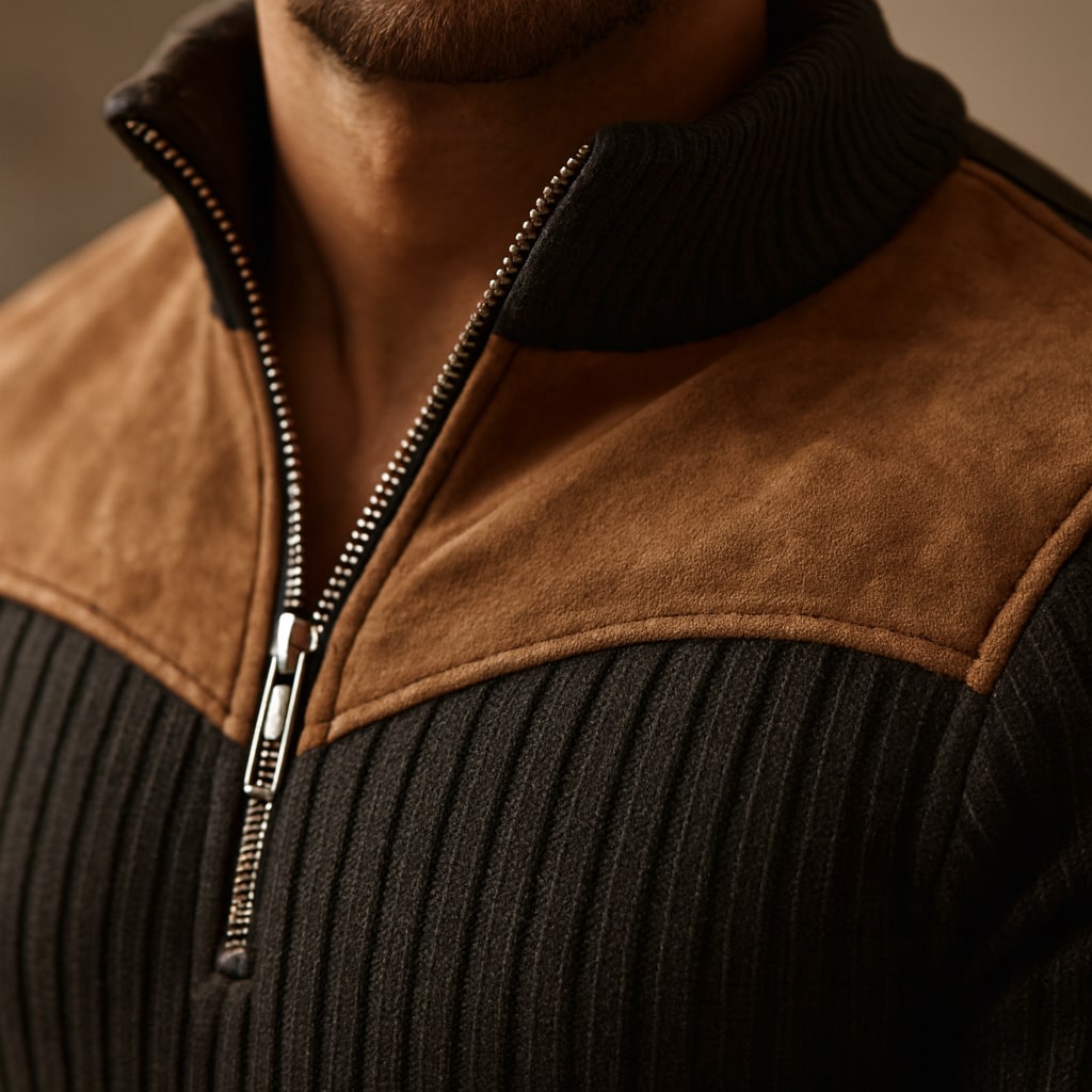 Close-up of the men's half zip jumper showing the suede-effect yoke and zip