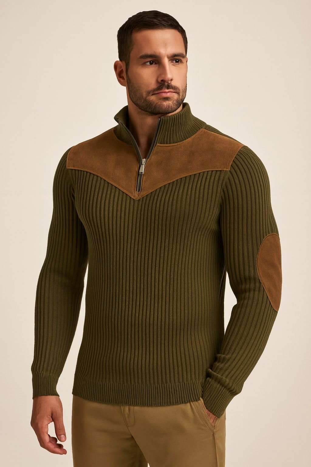 Men's Half Zip Jumper in khaki green, retro ribbed patchwork knit, front view on a model
