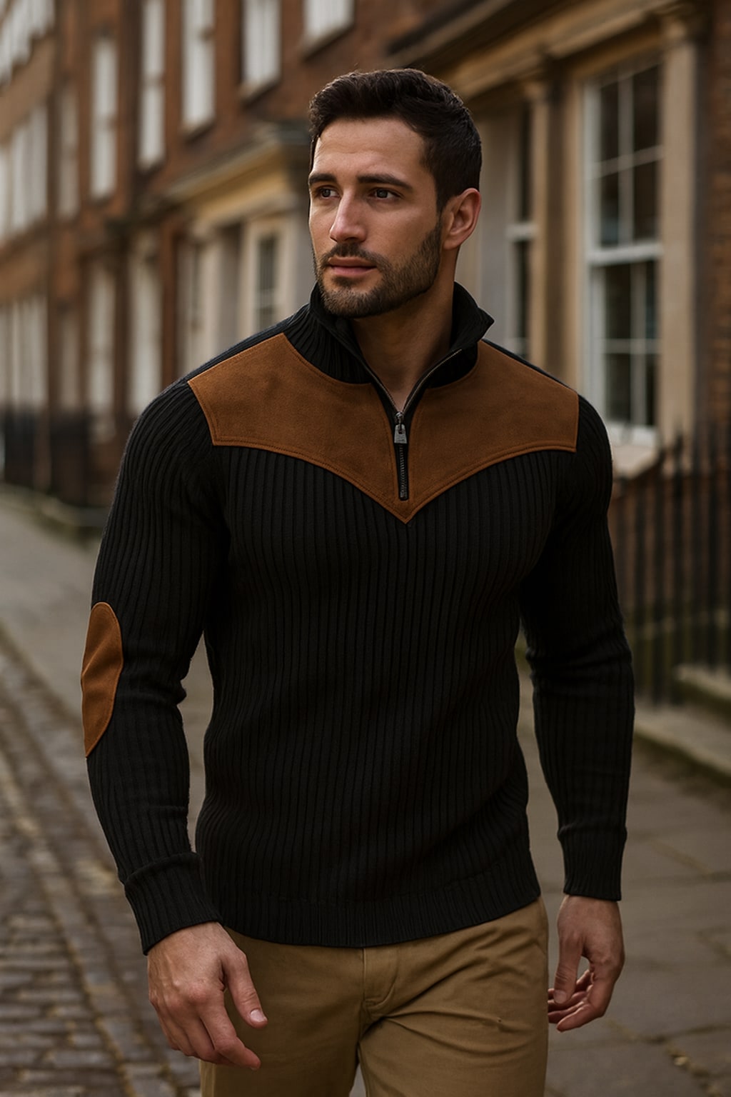 Man wearing the men's half zip jumper on an autumn street
