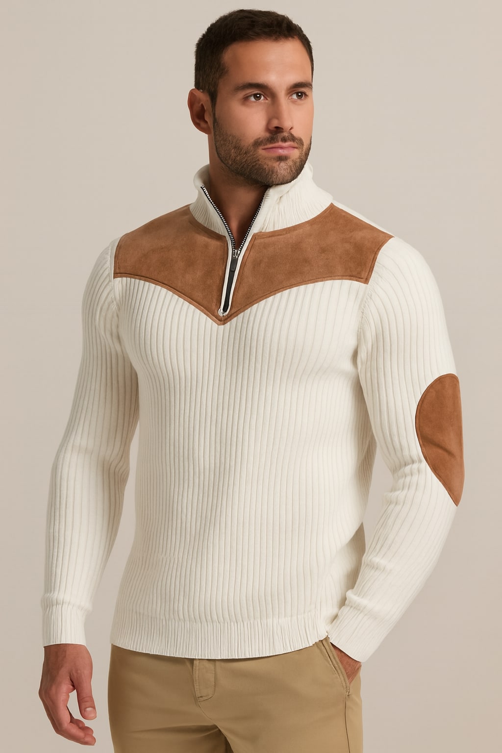 Men's Half Zip Jumper in white, retro ribbed patchwork knit, front view on a model