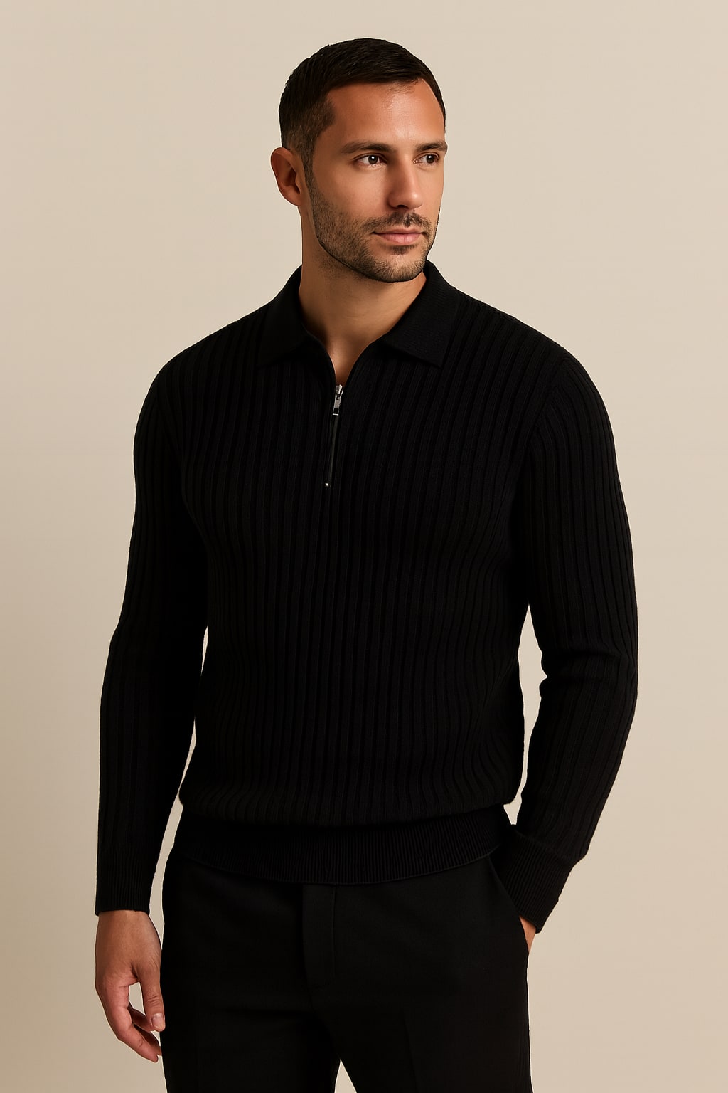 Men's Half Zip Jumper in black, ribbed knit polo collar, front view on a model