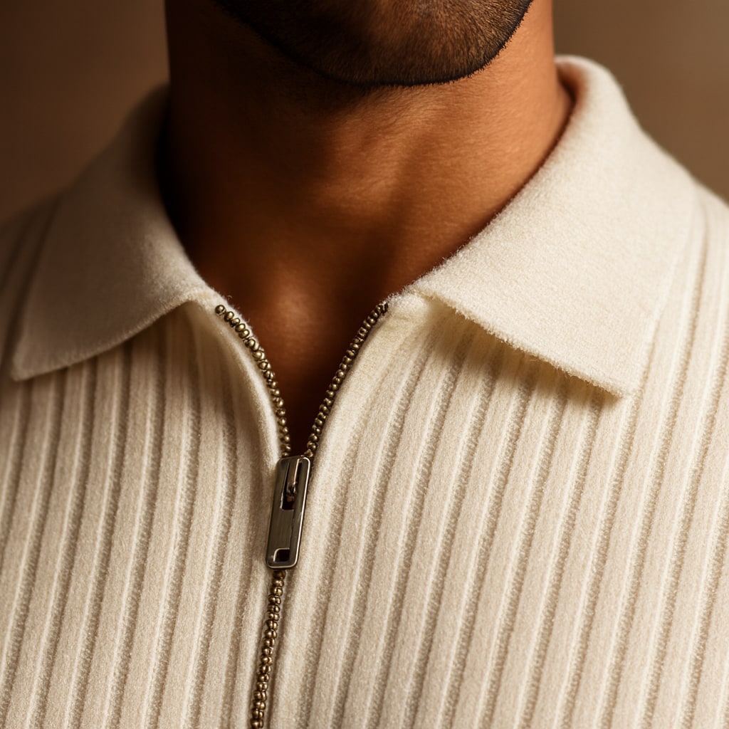 Close-up of the men's half zip jumper showing the polo collar and zip