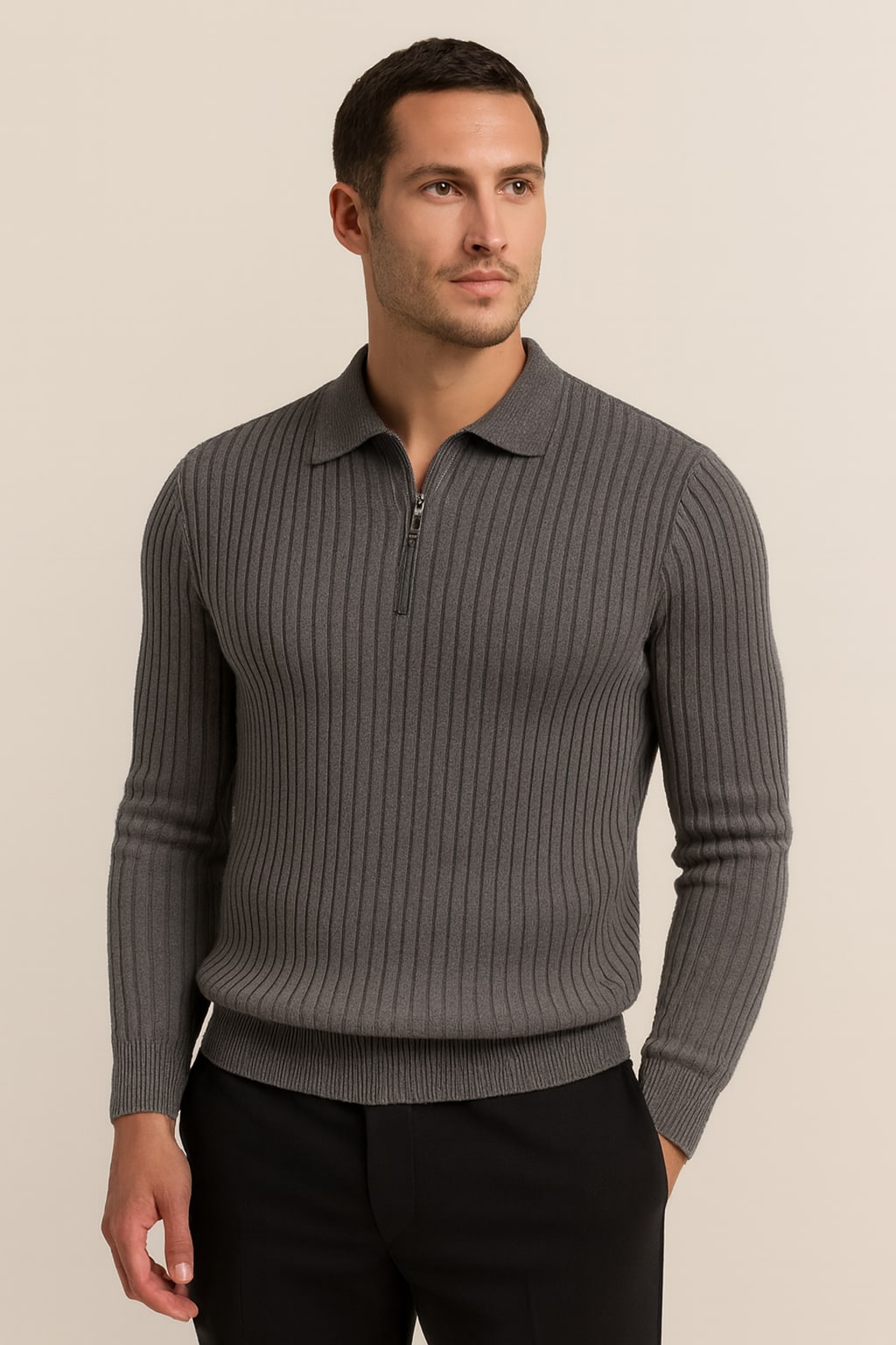 Men's Half Zip Jumper in grey, ribbed knit polo collar, front view on a model