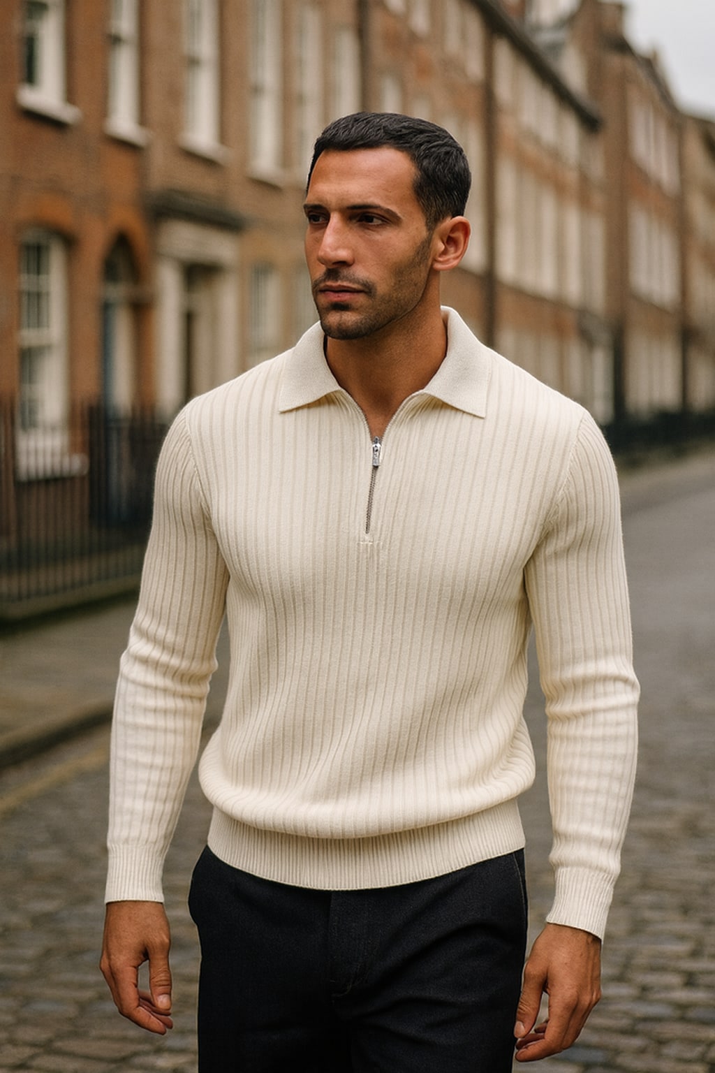 Man wearing the men's half zip jumper on an autumn street
