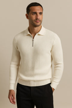 Men's Half Zip Jumper, Ribbed Knit Polo Collar