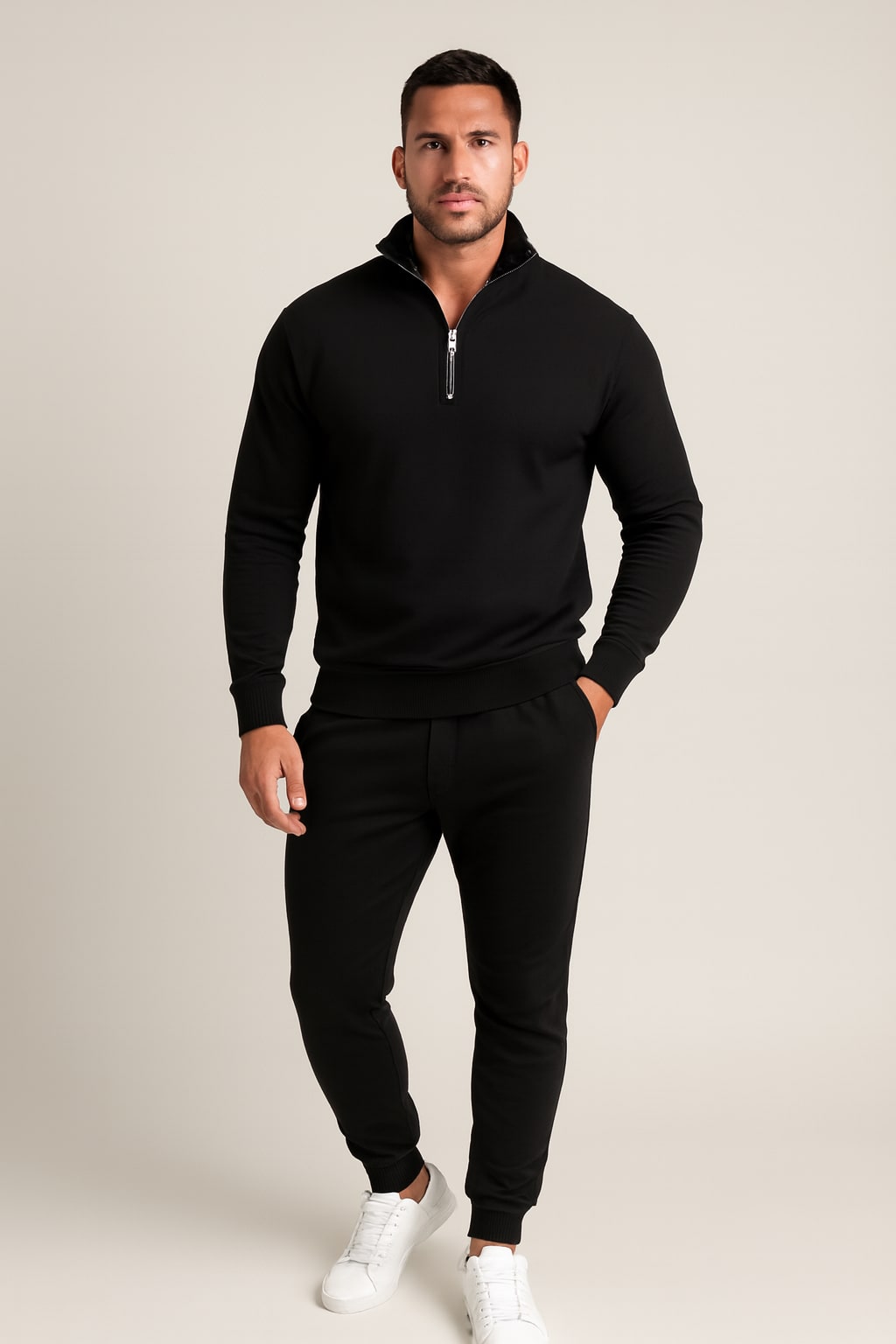 Men's Half Zip Tracksuit Set in black, sweatshirt and joggers, front view on a model