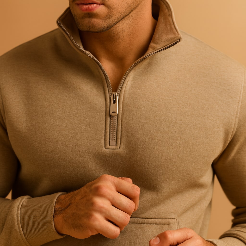 Close-up of the men's half zip tracksuit set showing the half zip and collar