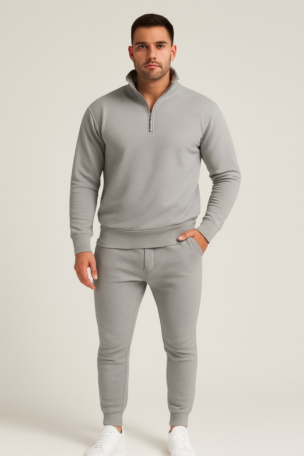 Men's Half Zip Tracksuit Set in grey, sweatshirt and joggers, front view on a model