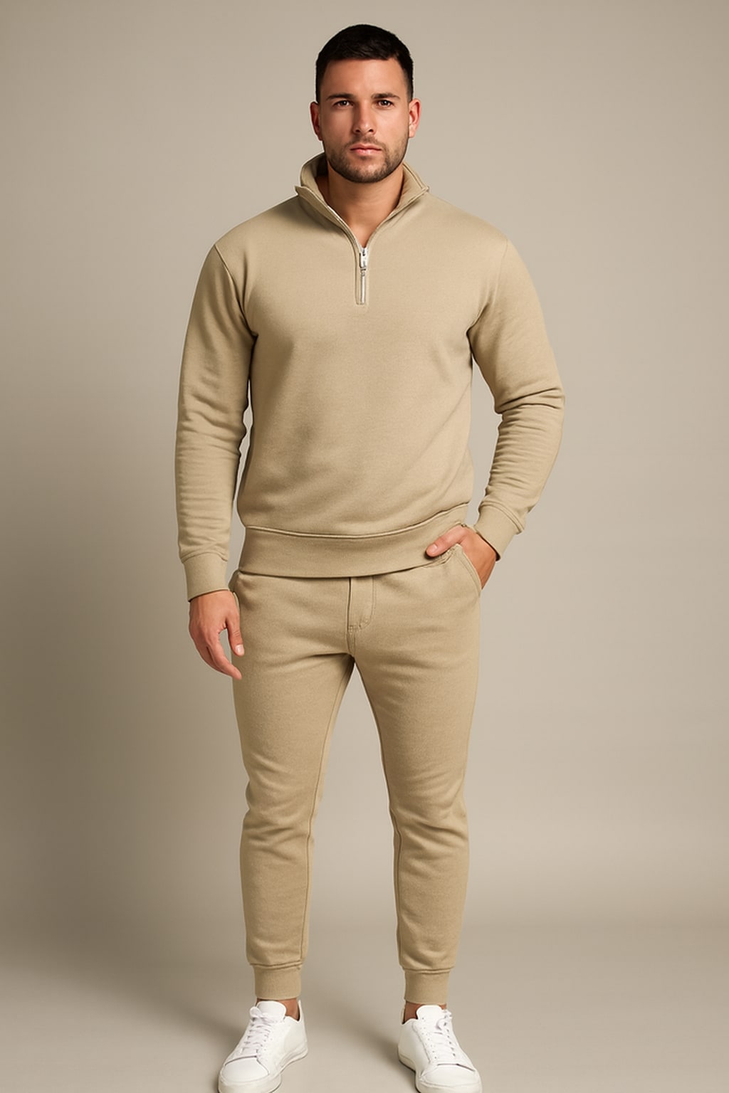 Men's Half Zip Tracksuit Set in khaki, sweatshirt and joggers, front view on a model