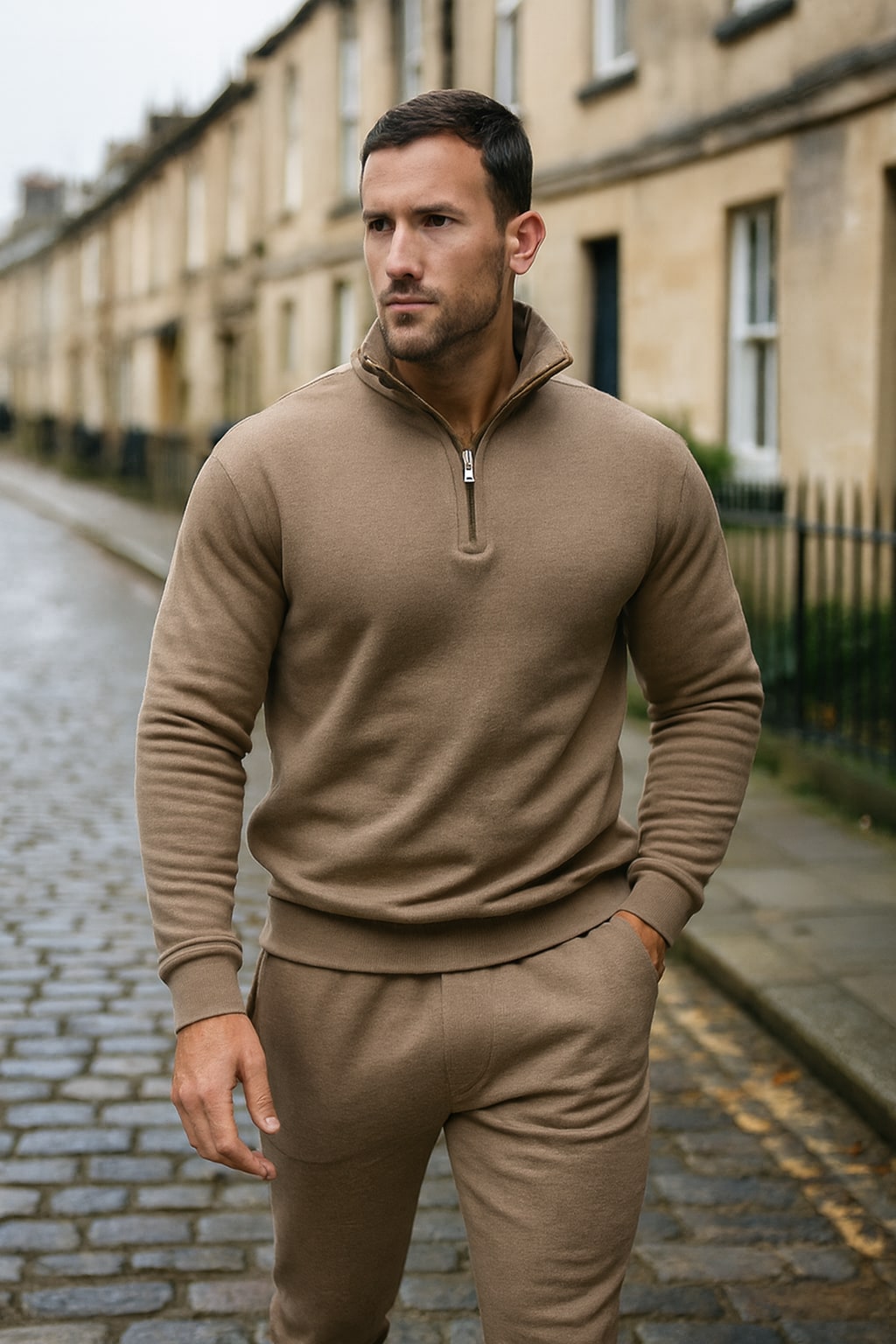 Man wearing the men's half zip tracksuit set on an autumn street