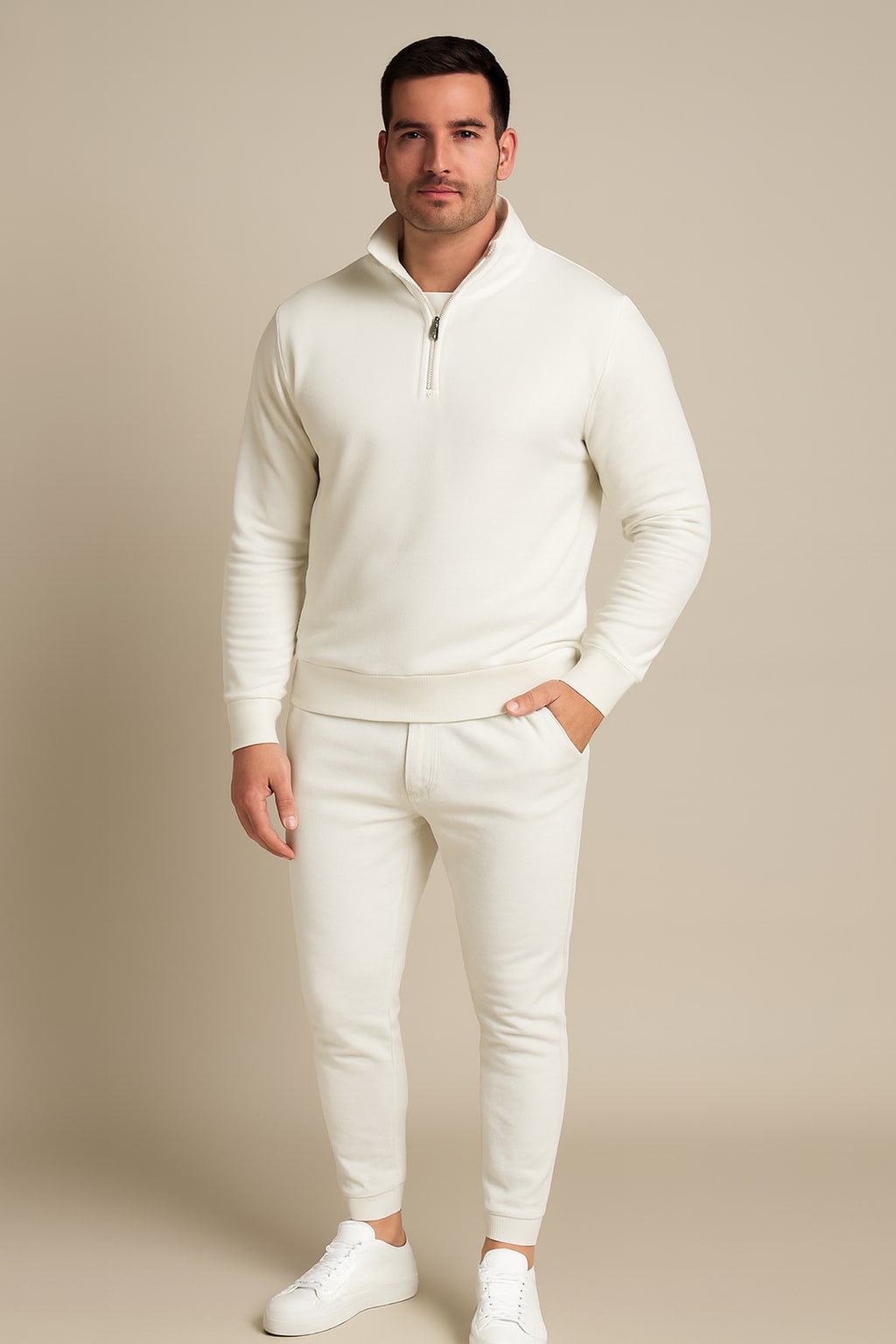 Men's Half Zip Tracksuit Set in white, sweatshirt and joggers, front view on a model