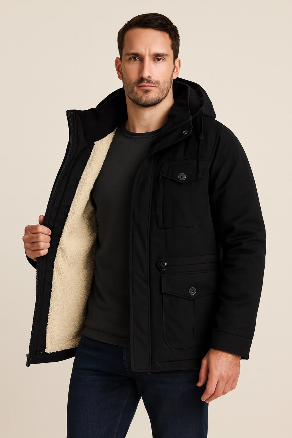 Men's Hooded Parka in black, fleece-lined insulated jacket, worn open to show the thick sherpa fleece lining